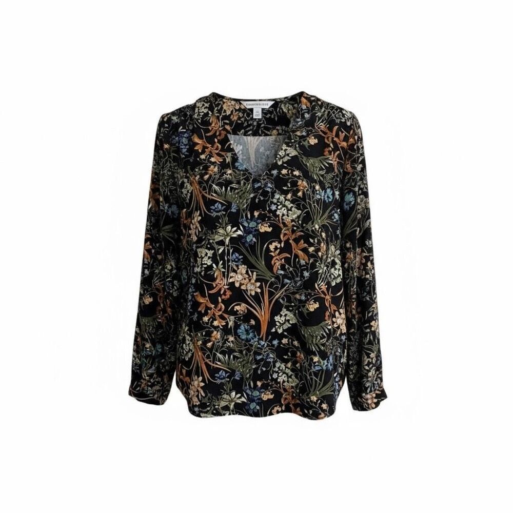 NWT Counterparts Floral Long Sleeve V-Neck Sheer Blouse Top Black Size Small